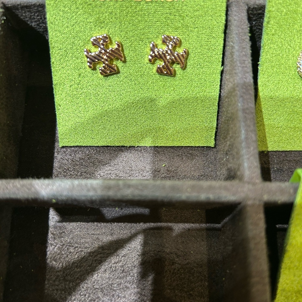 Tory Burch gold-tone pave small logo stud textured rope earrings gold  small